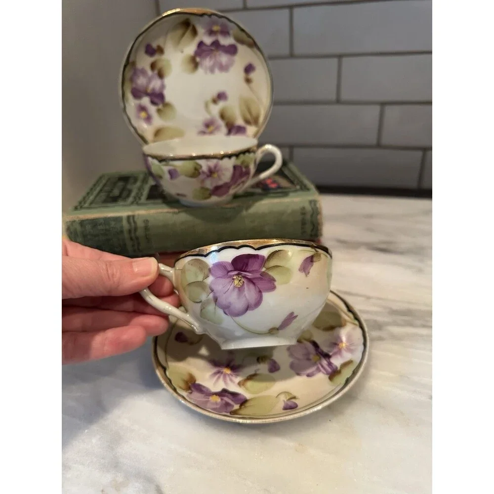 Vtg Nippon Porcelain 2 Tea Cups & Saucer Set Purple Violet Floral with Gold Trim